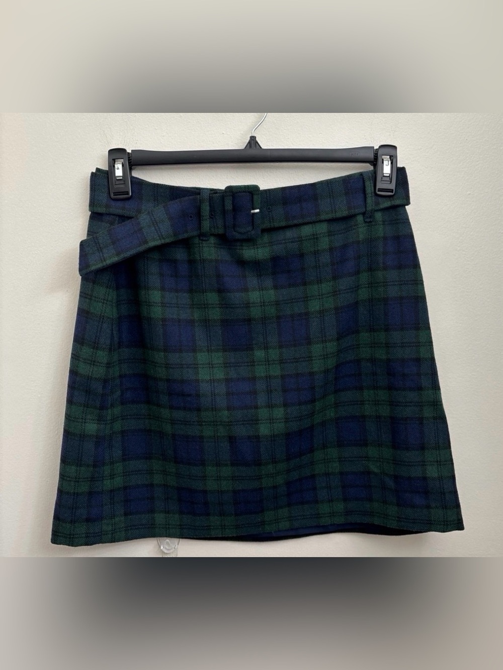 LOFT Navy & Green Plaid Mini Skirt with Belt Detail